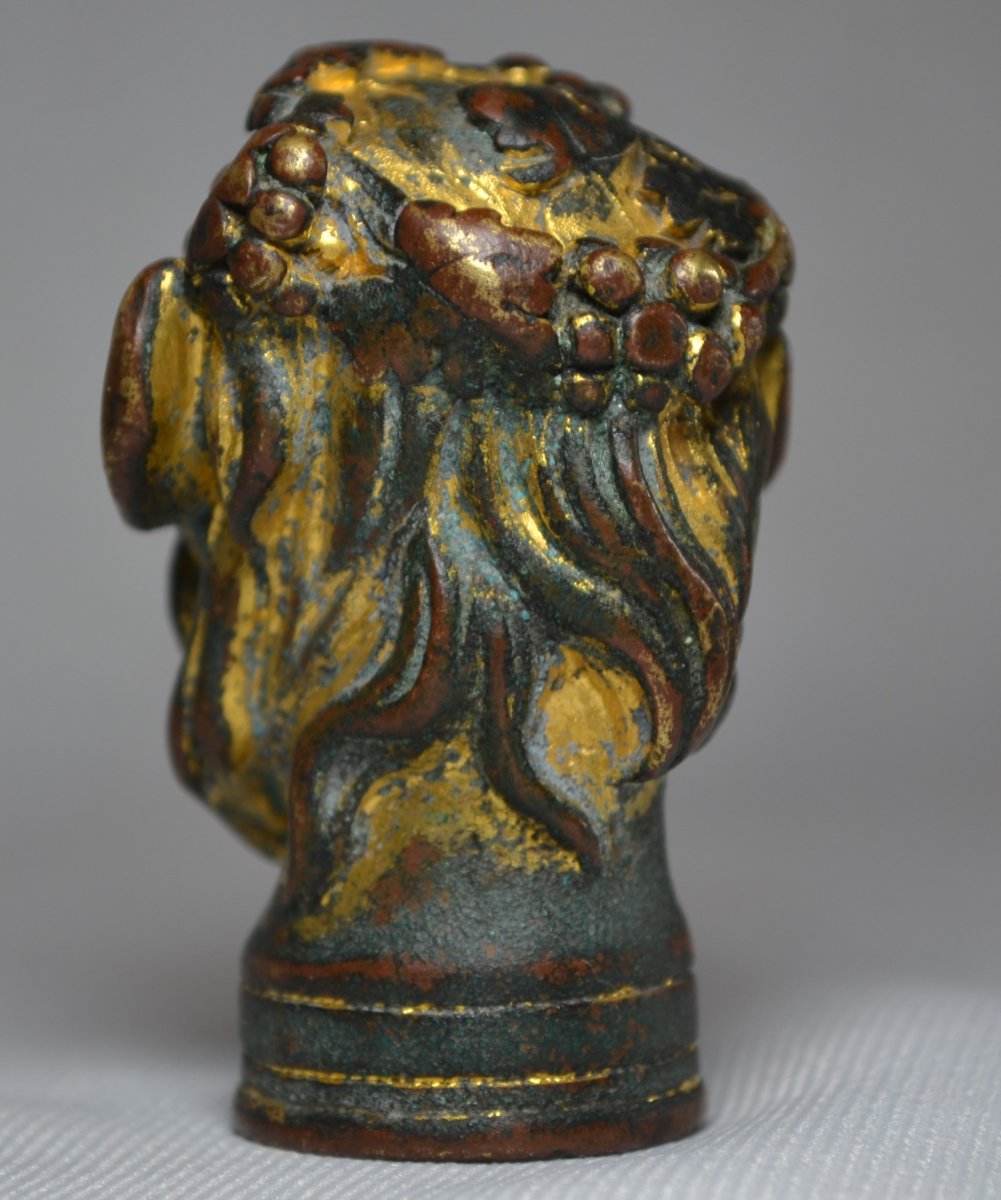 Tête de Bacchus en bronze doré,pommeau de canne renaissance Italienne,16°siècle.-photo-2