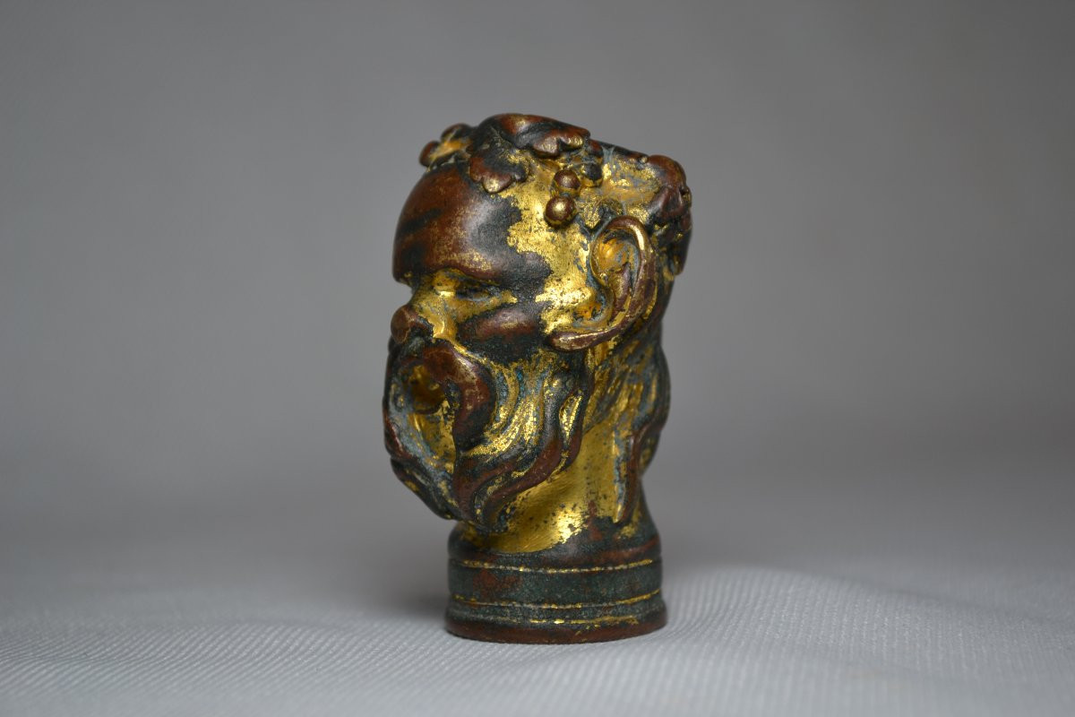 Tête de Bacchus en bronze doré,pommeau de canne renaissance Italienne,16°siècle.-photo-3