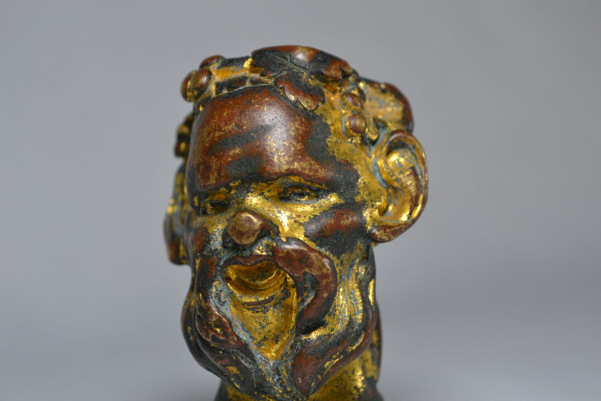 Tête de Bacchus en bronze doré,pommeau de canne renaissance Italienne,16°siècle.-photo-5
