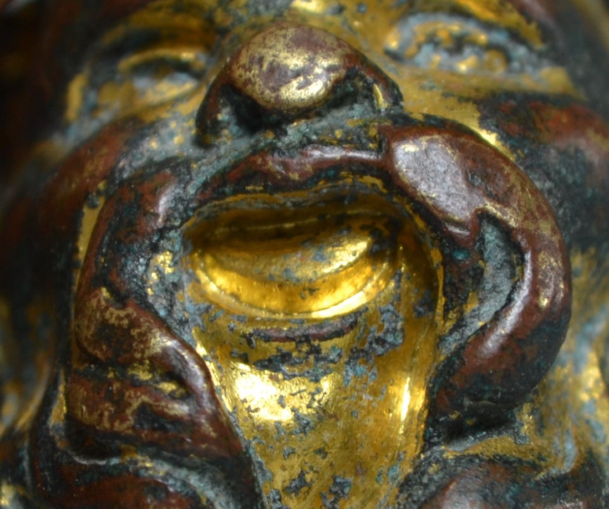Tête de Bacchus en bronze doré,pommeau de canne renaissance Italienne,16°siècle.-photo-7
