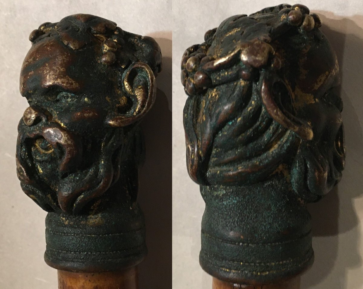 Tête de Bacchus en bronze doré,pommeau de canne renaissance Italienne,16°siècle.-photo-8