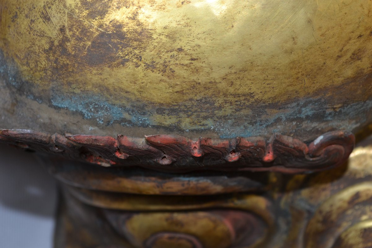 Masque de Yamantaka (Vajrabhairava) en cuivre repoussé et doré. Tibet ou Népal 19° siècle. -photo-6