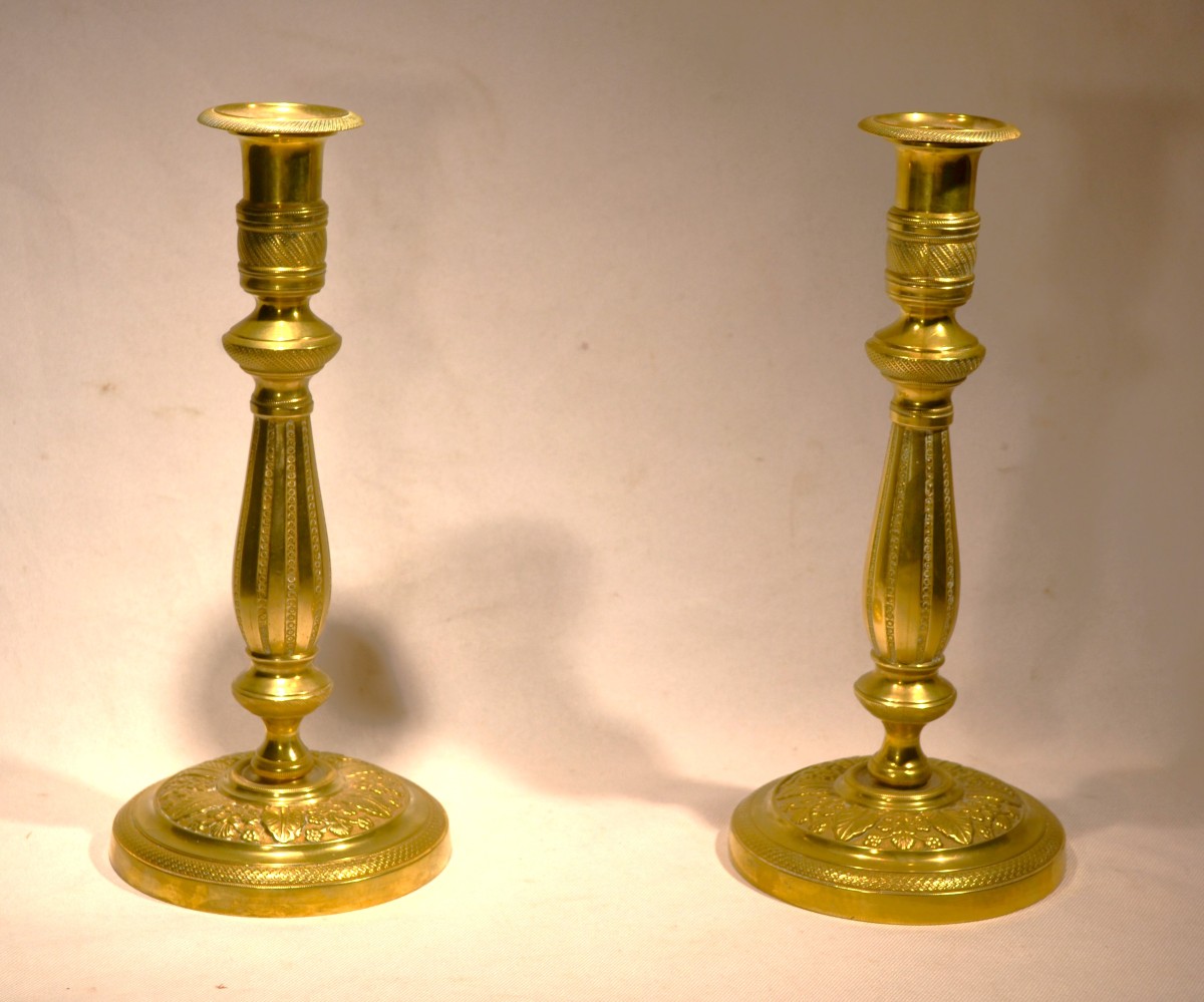 Pair Of Bulbous Gilt Bronze Candlesticks. France, Early 19th Century. Louis XVIII, Charles X