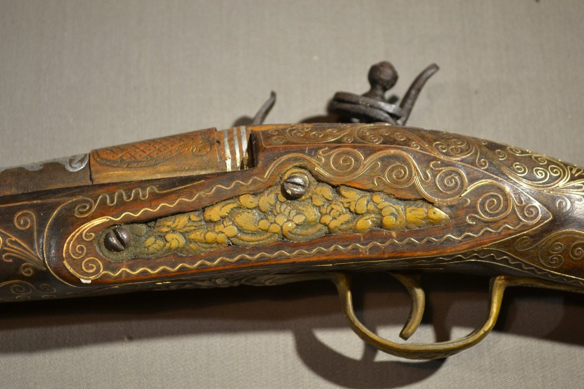 Fusil à silex incrusté d'argent. Empire Ottoman vers 1800. -photo-5