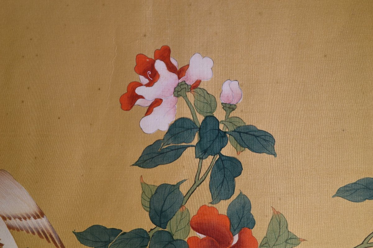 Watercolor On Silk. Bird And Butterflies. China Or Japan, Early 20th Century. -photo-2