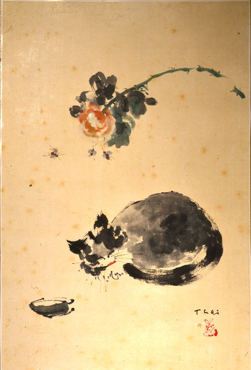 Watercolor, Ink On Paper. Sleeping Cat. Japan Or China, 20th Century. -photo-2