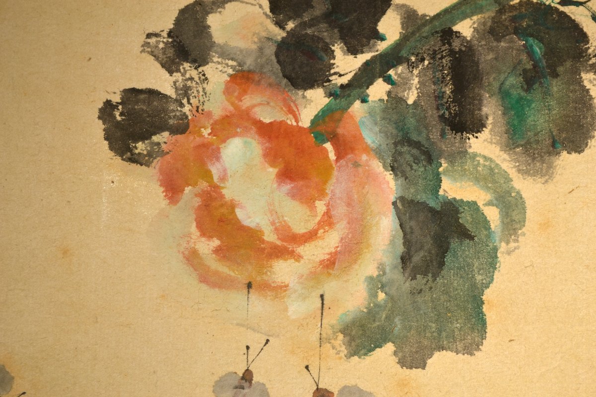 Watercolor, Ink On Paper. Sleeping Cat. Japan Or China, 20th Century. -photo-3