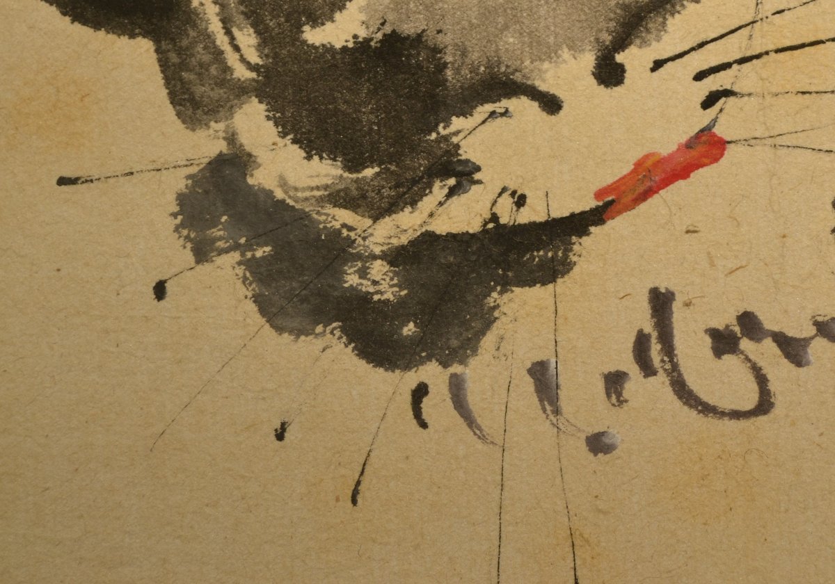 Watercolor, Ink On Paper. Sleeping Cat. Japan Or China, 20th Century. -photo-4