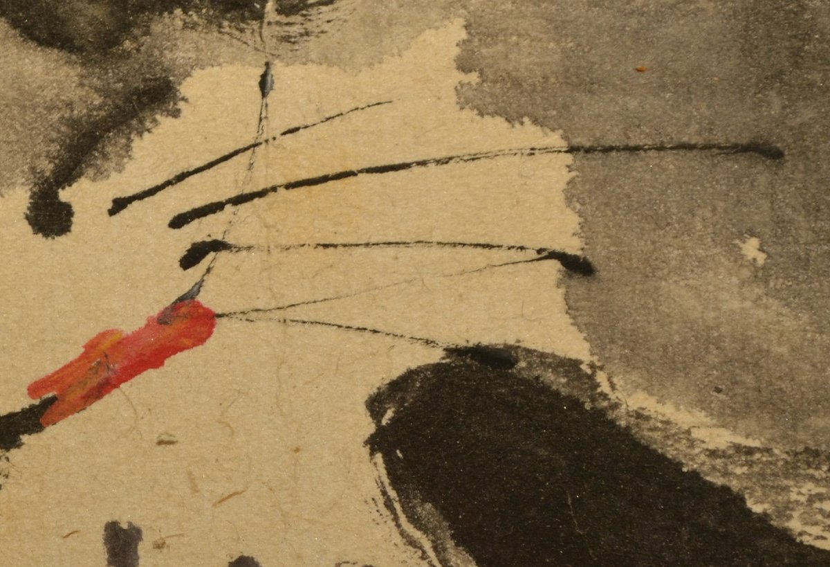 Watercolor, Ink On Paper. Sleeping Cat. Japan Or China, 20th Century. -photo-5