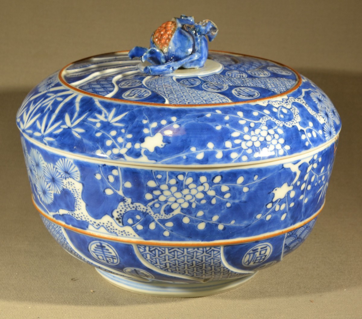 Shonzhui. Covered Bowl Decorated With The Three Friends In Blue. China, 17th Century. Kangxi Transition Period.