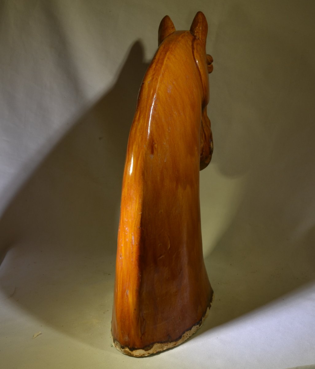 Tête de cheval en terre cuite émaillée. Copie de Style Tang .  Années 60.-photo-5