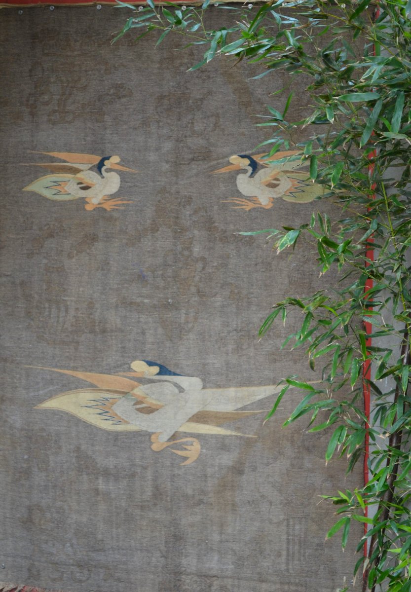 Tapisserie en laine à décor de grues. Chine 19° siècle. -photo-3