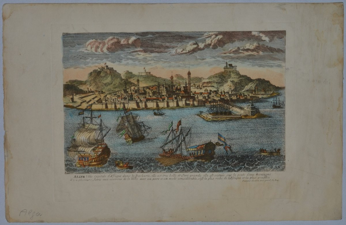 Colored Engraving, View Of Algiers By Aveline. France, Early 18th Century.-photo-2