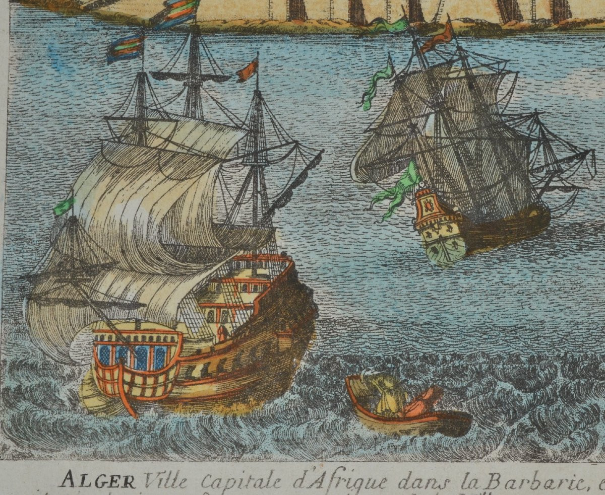 Colored Engraving, View Of Algiers By Aveline. France, Early 18th Century.-photo-2