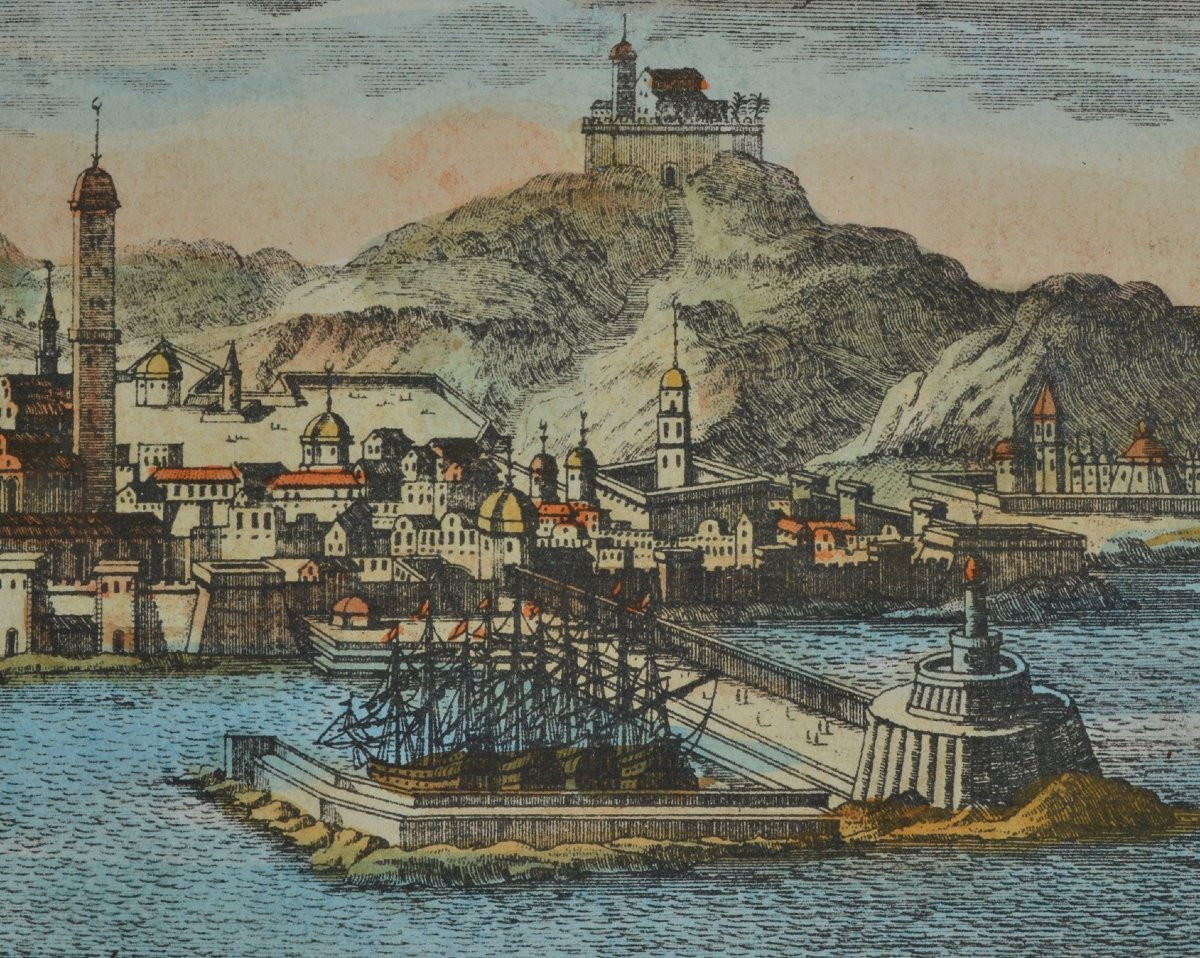Colored Engraving, View Of Algiers By Aveline. France, Early 18th Century.-photo-3