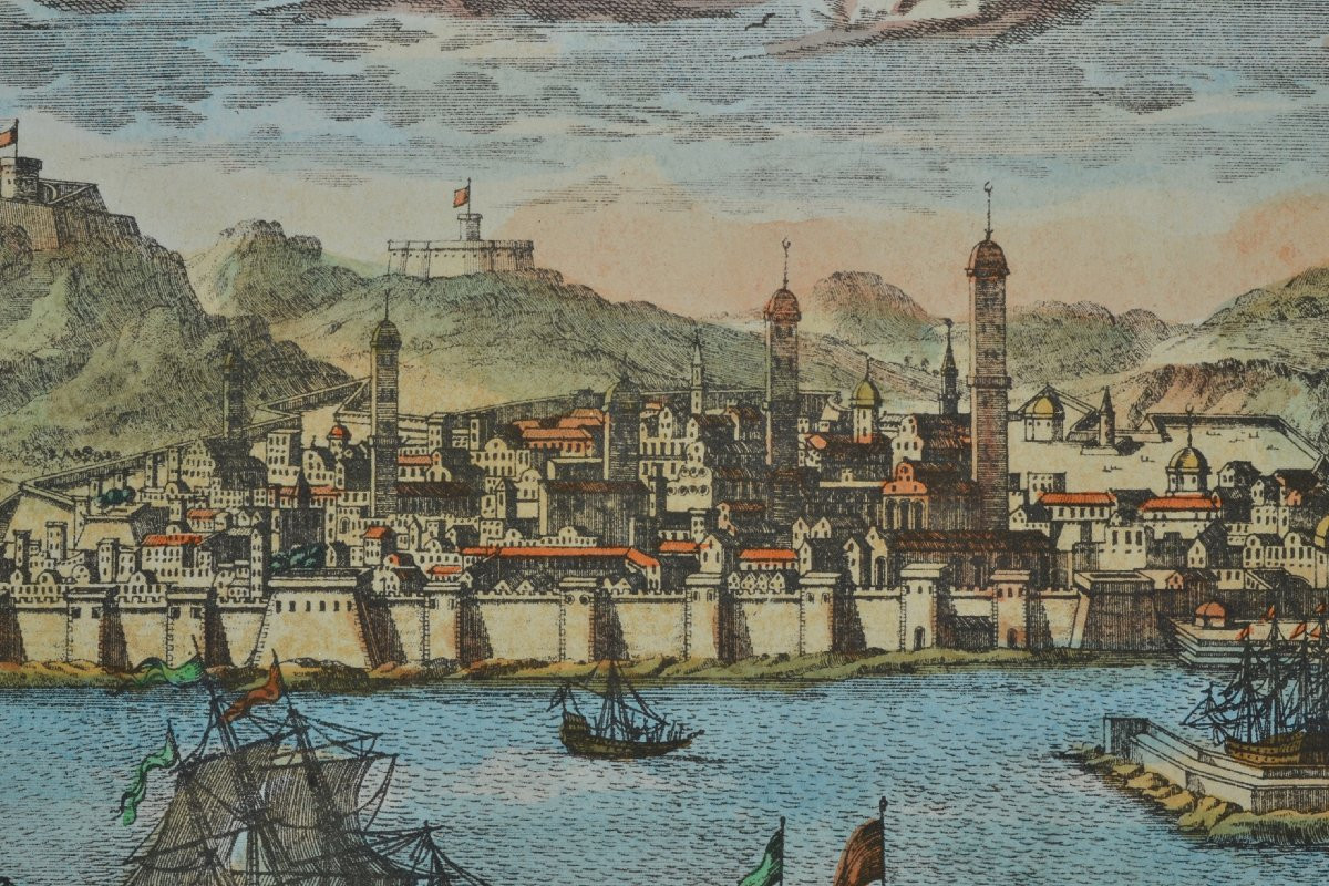 Colored Engraving, View Of Algiers By Aveline. France, Early 18th Century.-photo-4