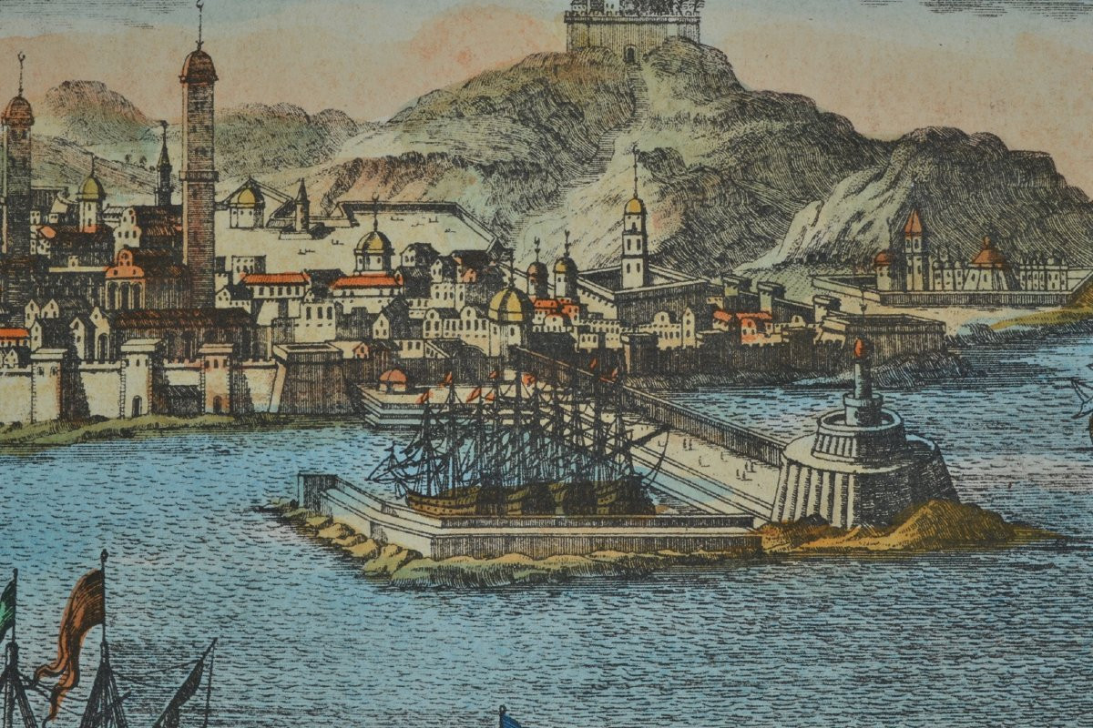 Colored Engraving, View Of Algiers By Aveline. France, Early 18th Century.-photo-5