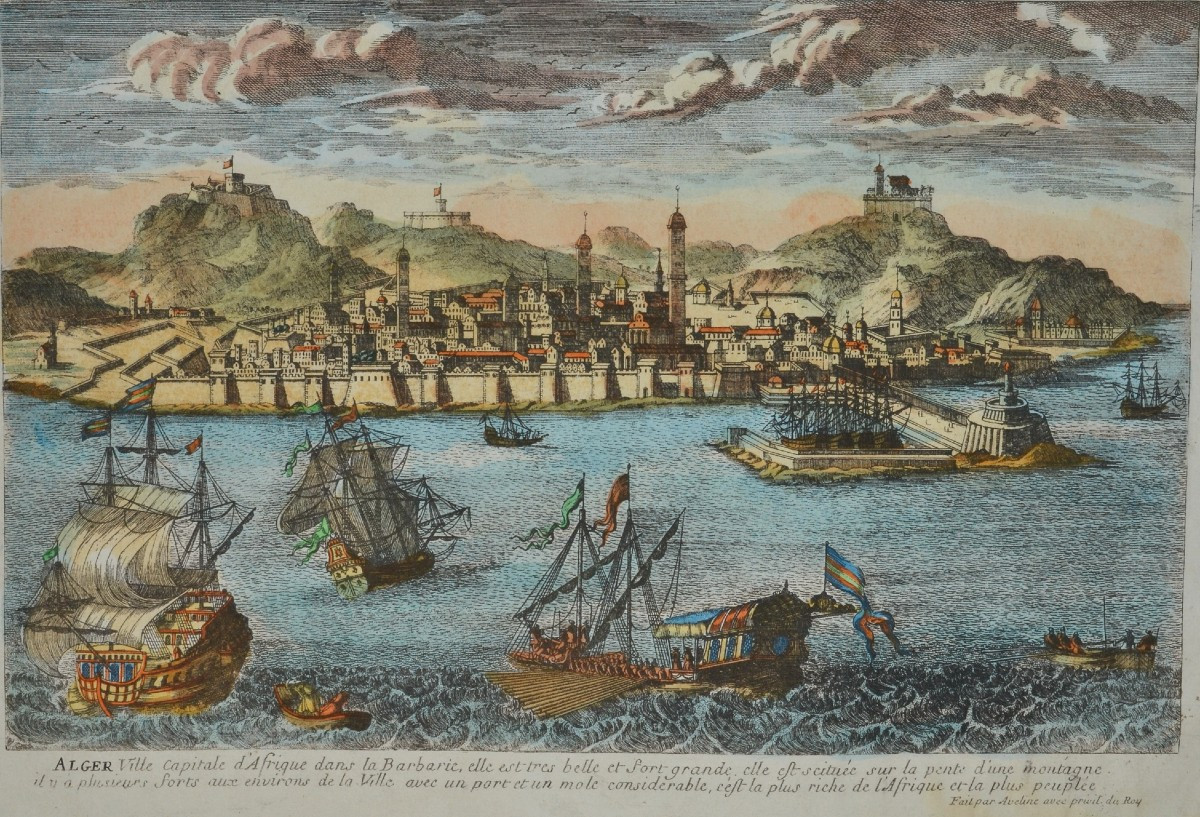 Colored Engraving, View Of Algiers By Aveline. France, Early 18th Century.