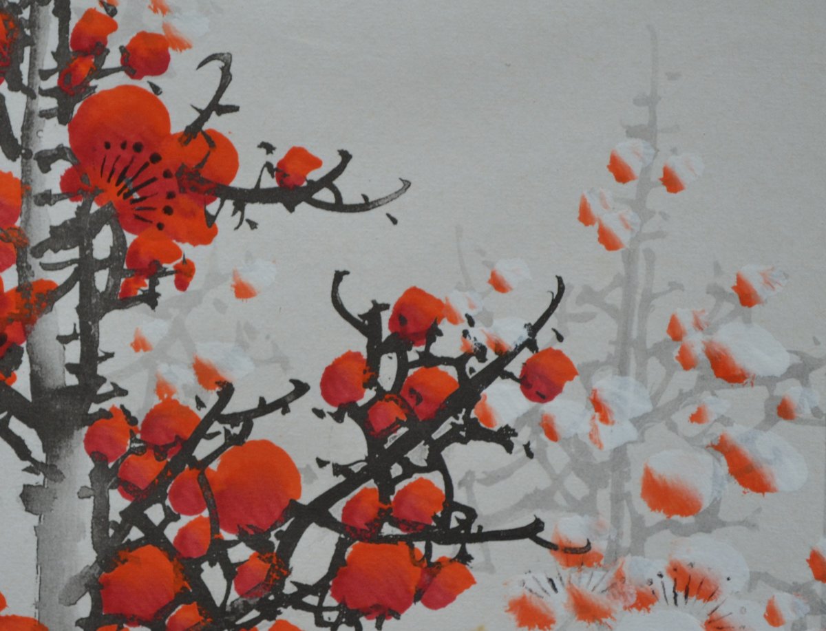 Prunus sous la neige. Aquarelle sur papier. Rouleau à suspendre. Chine 20° siècle. -photo-4
