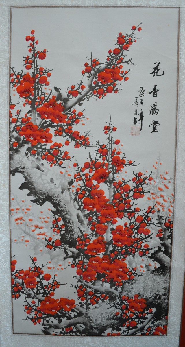 Prunus sous la neige. Aquarelle sur papier. Rouleau à suspendre. Chine 20° siècle. 