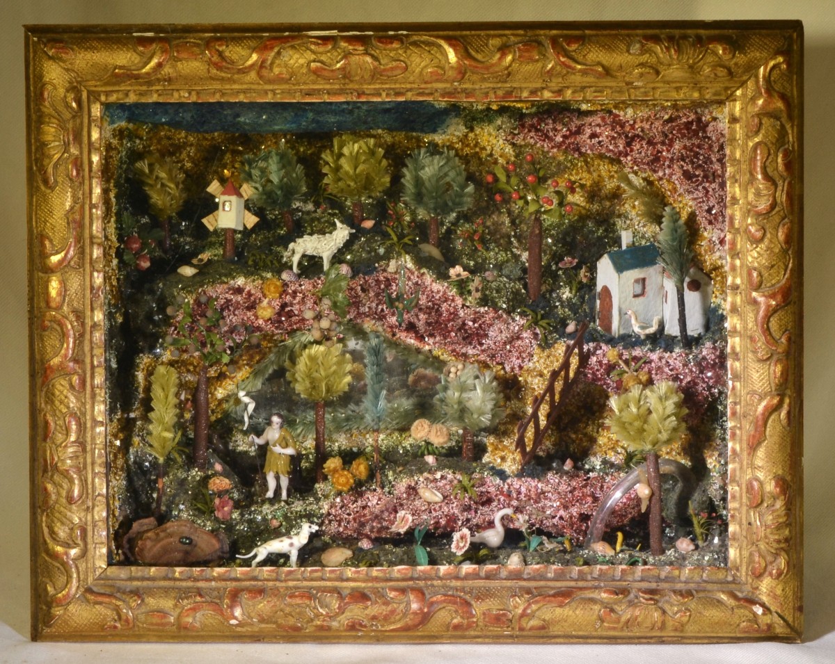 Diorama en verre filé. St François prêchant les animaux. Nevers XVIIIe siècle.  
