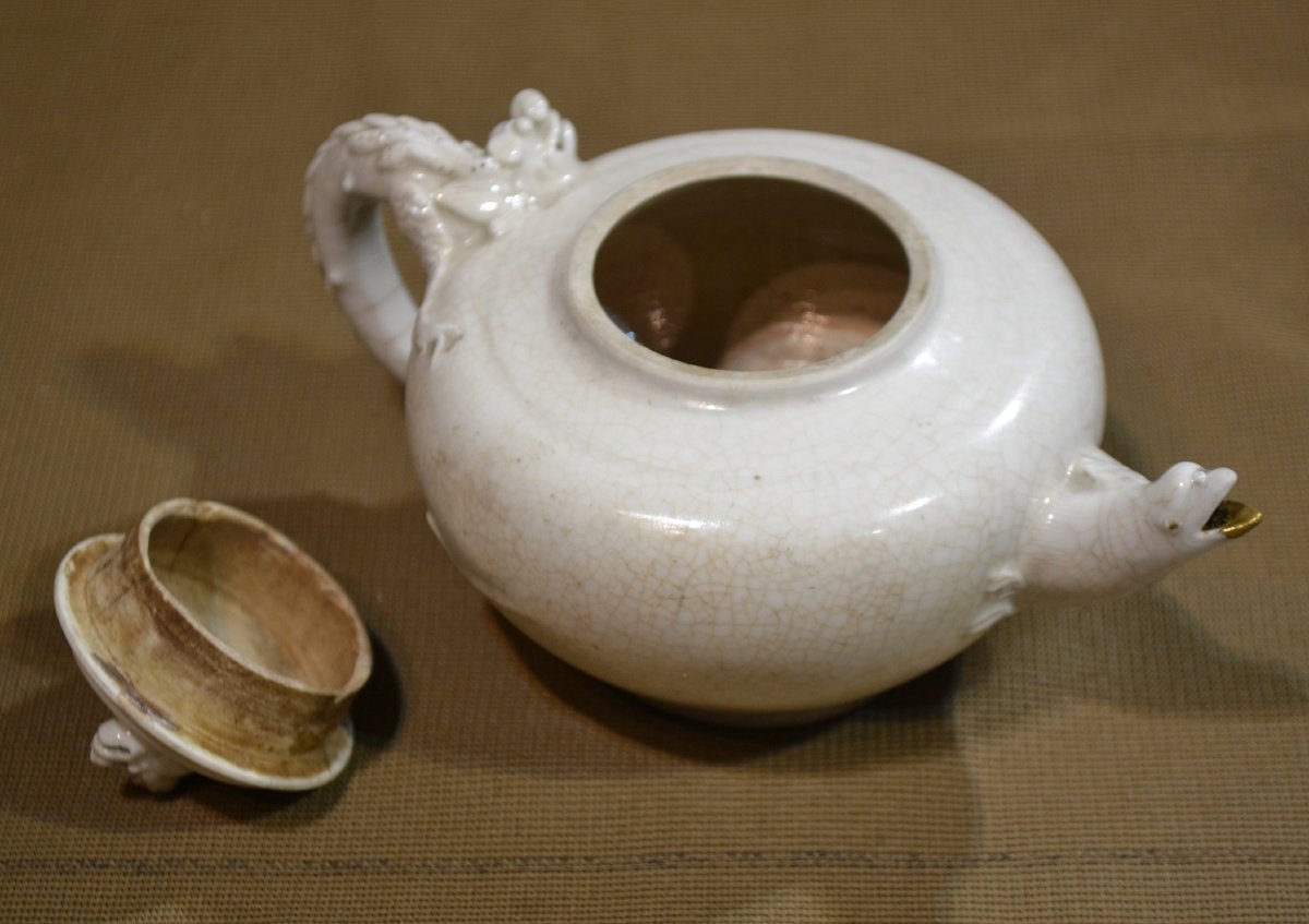 Théière en porcelaine craquelée, oiseau et dragons. Chine 18° siècle. -photo-2