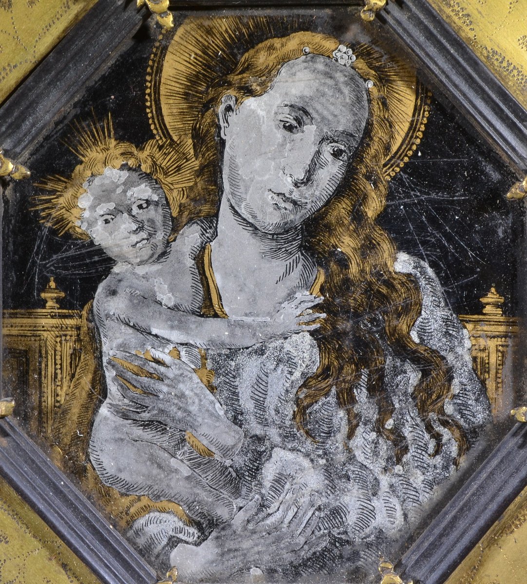 Portraits de Marie et Jésus, verre églomisé (fixé).Cadre bois et bronze doré.17° siècle.-photo-4