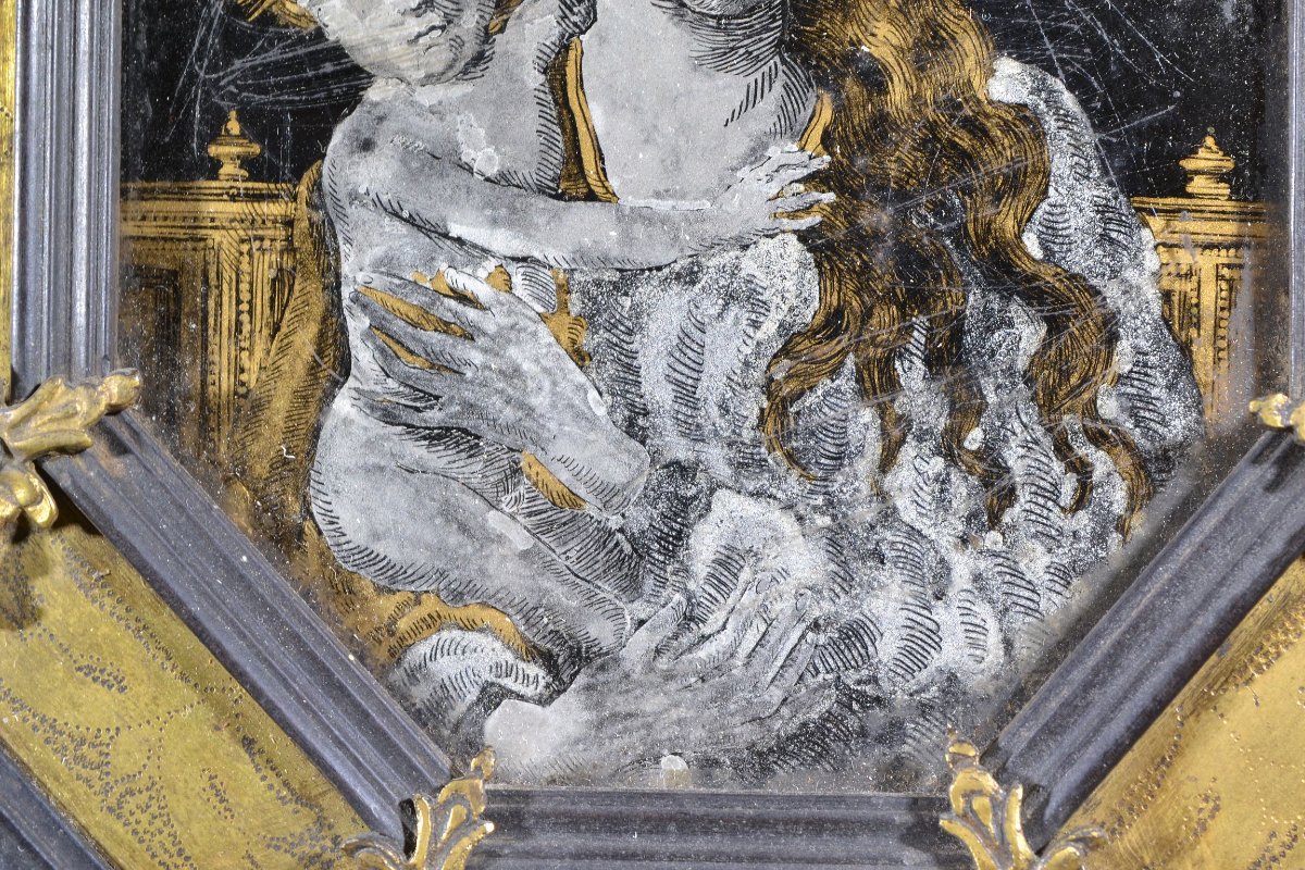 Portraits de Marie et Jésus, verre églomisé (fixé).Cadre bois et bronze doré.17° siècle.-photo-1