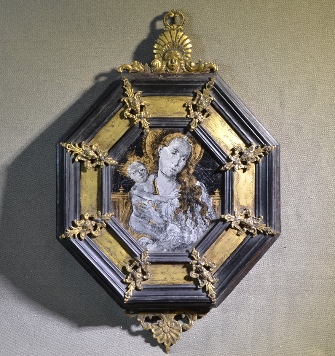 Portraits de Marie et Jésus, verre églomisé (fixé).Cadre bois et bronze doré.17° siècle.-photo-5