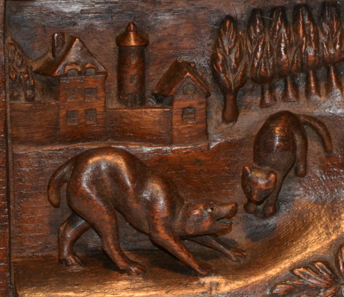 Wooden Panel Carved With A Dog And A Cat. Europe, 18th Century. -photo-2