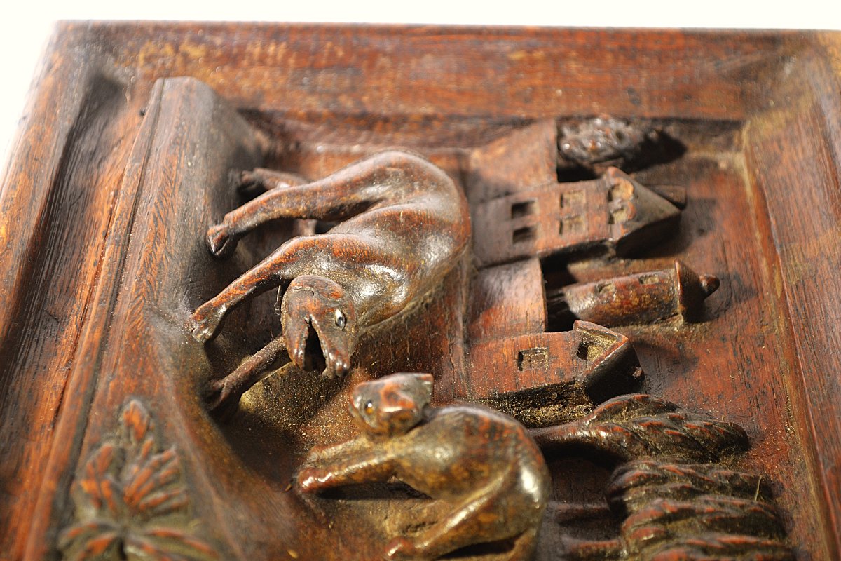 Wooden Panel Carved With A Dog And A Cat. Europe, 18th Century. -photo-4