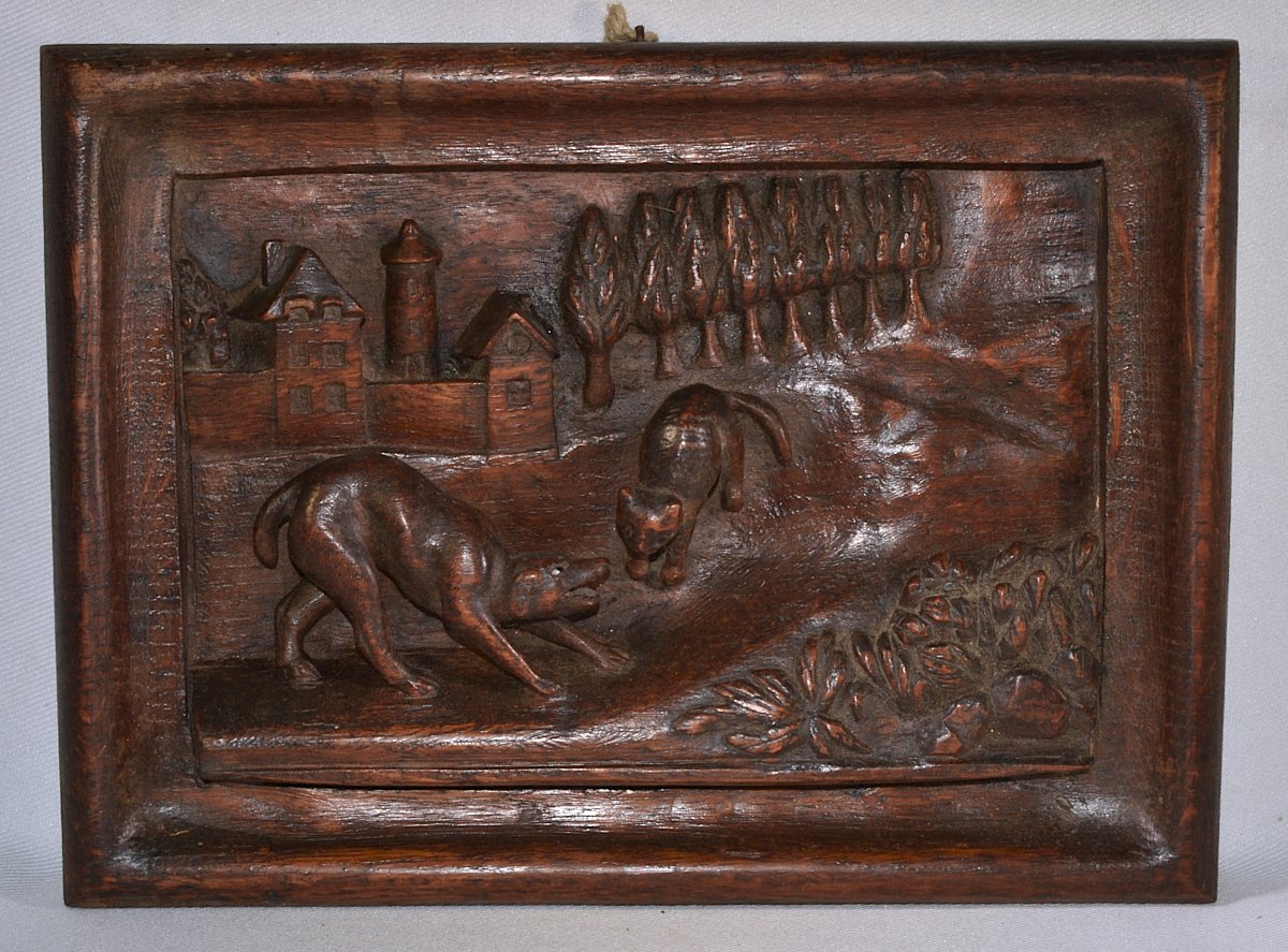 Wooden Panel Carved With A Dog And A Cat. Europe, 18th Century. 
