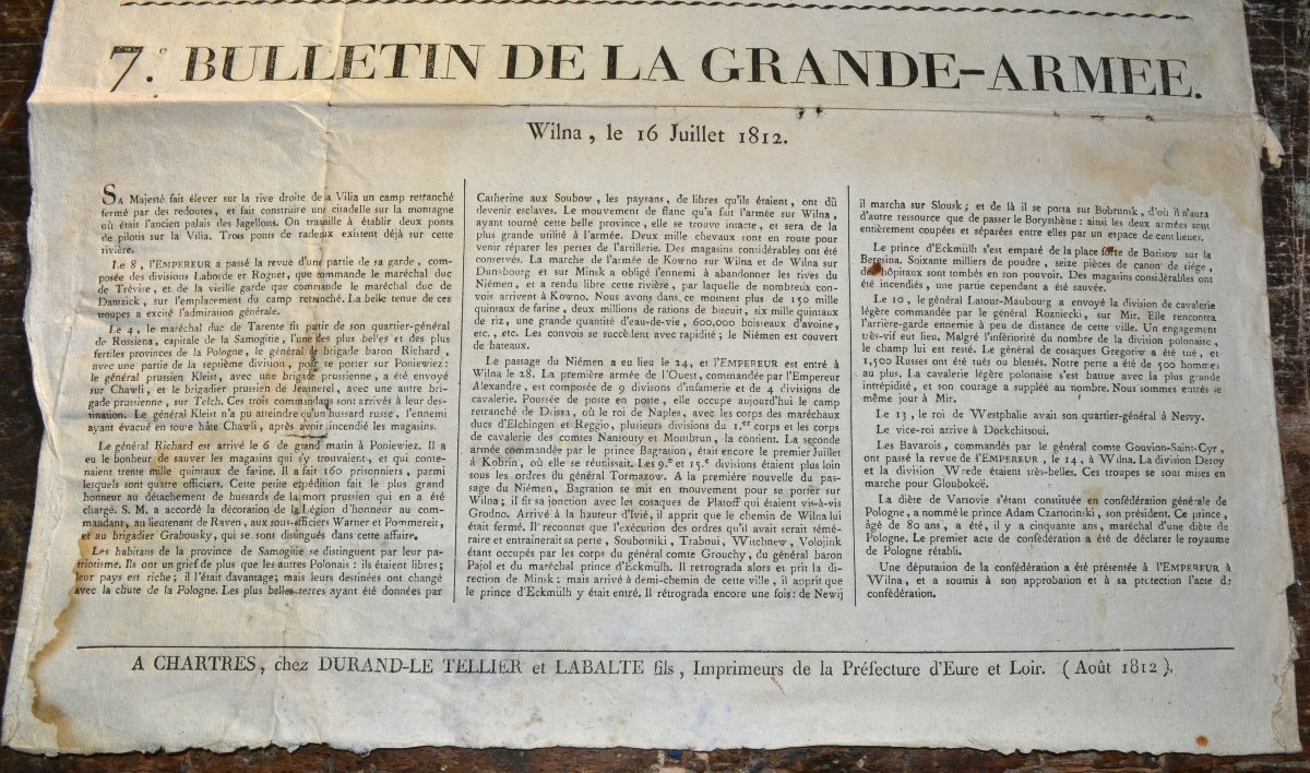 Gravure sur papier vergé.7e Bulletin de la Grande-Armée. Chartre 1812. 