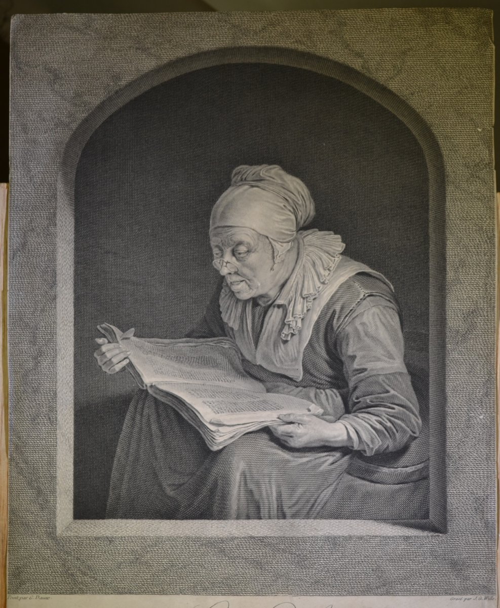 Gravure "La liseuse" par La Liseuse par Johann Georg Wille. 18° siècle 1761