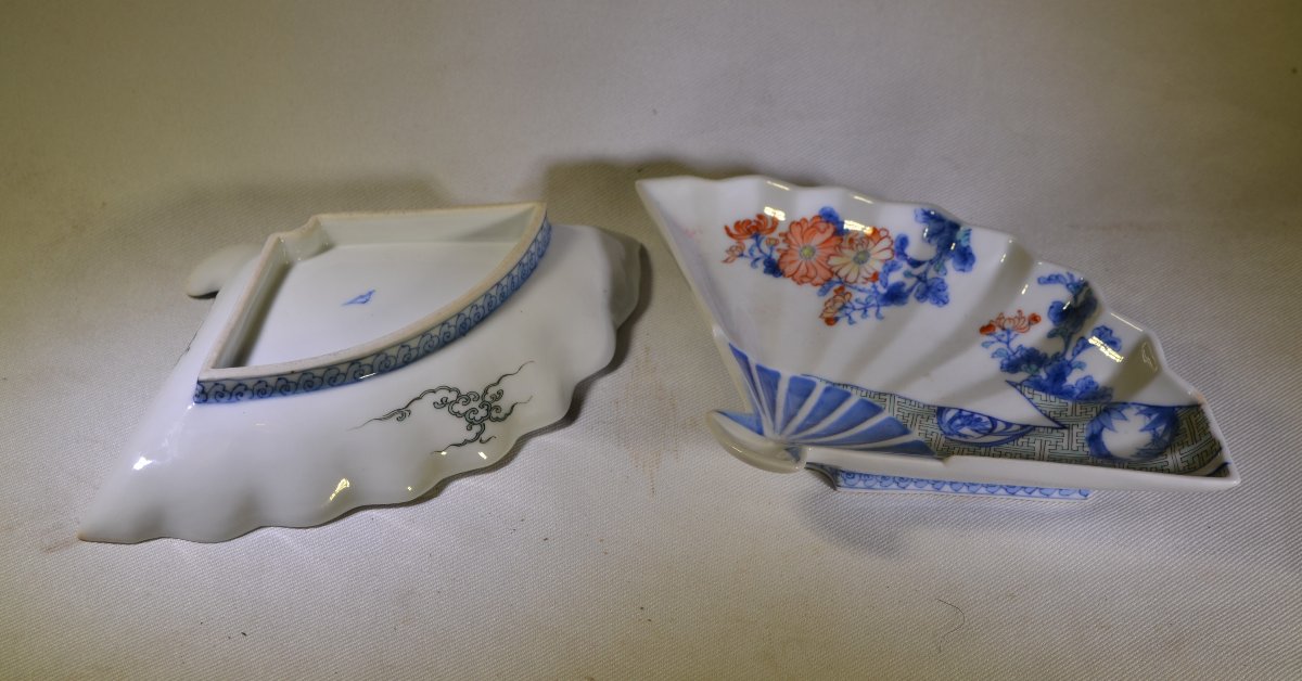 Pair Of Fan-shaped Dishes.  Fukagawa Kilns, Japan. Circa 1900 -photo-5