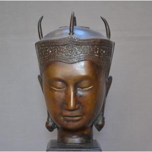 Head Of Bronze Buddha Statue. Vietnam 20th Century.