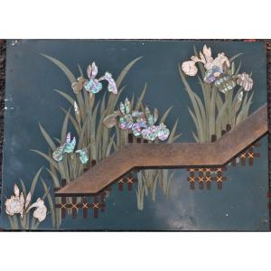 Green Lacquer Panel Decor Of Iris In Mother-of-pearl. Japan Taisho