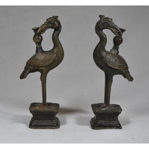 Pair Of Cast Bronze Cranes. Incense Holder Or Candlestick. China Qing Or Ming Period.