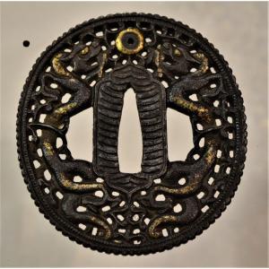 Openwork Iron Tsuba With Dragons, Golden Nunome-zogan. Namban Style. Japan Early Edo. 17th Century.