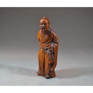 Statuette Of Shoulao Carved In Boxwood. China Qing Period. 