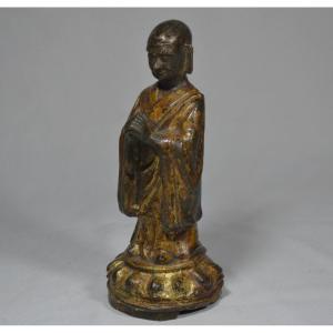 Moine Chinois En Bronze Doré. Epoque Ming.