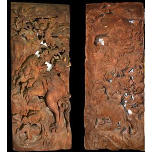 Paire De Panneaux En Bois Sculpté De Lions.période Edo -1603-1868).