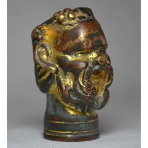 Tête de Bacchus en bronze doré,pommeau de canne renaissance Italienne,16°siècle.