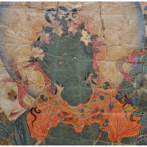 Tanka. Green Tara Painting On Canvas. Tibet 18th Century. 