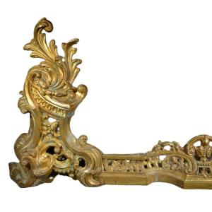 Pair Of Gilt Bronze Andirons, Adjustable Bar. Rocaille Style. 19th Century.  
