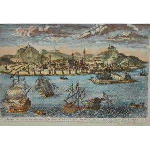 Gravure colorée, vue d'Alger par Aveline. France début du 18° siècle. 