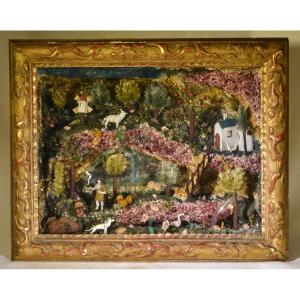 Diorama en verre filé. St François prêchant les animaux. Nevers XVIIIe siècle.  