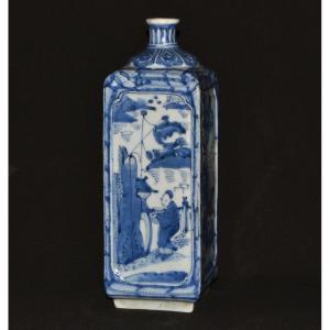 Porcelain Bottle With Cobalt Blue Decoration On A White Background, China, 17th Century. Transitional Period.