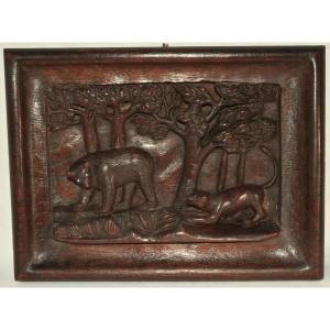 Wooden Panel Carved With A Bear And A Lion. Europe, 18th Century. 