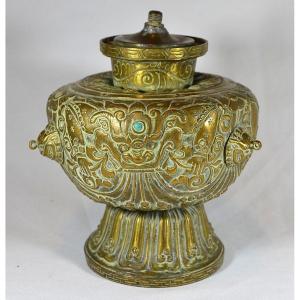 Metal Vase, Embossed And Inlaid With Stones. Tibet, 18th Century Or Earlier.